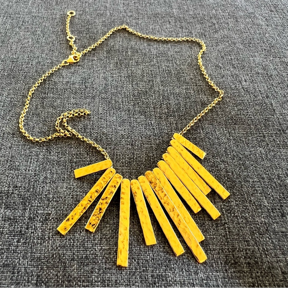 Hammered Gold Tone 925 Silver Bar Bib Necklace 15-16” Long Chain Lobster Clasp